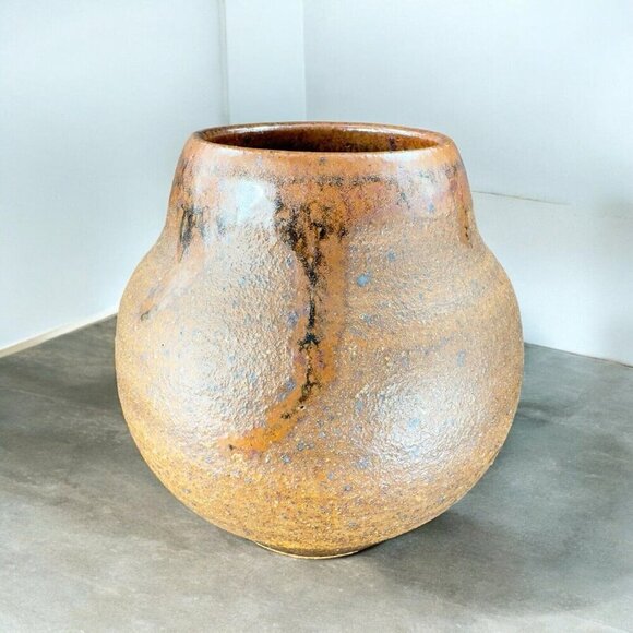 1997 Hand Made Primitive Style Pottery Vase Vessel Carved Brown Drip Glaze Vase - Picture 2 of 16